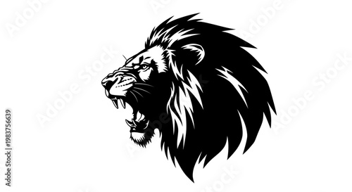 Fierce Black and White Lion Roaring with Sharp Teeth and Mane