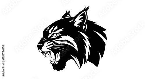 Fierce Black Bobcat Head Illustration with Sharp Teeth and Ears, Emblematic Animal Graphic