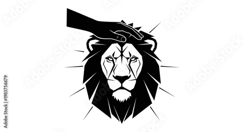 Hand Gently Petting a Powerful Lion Face With Geometric Mane