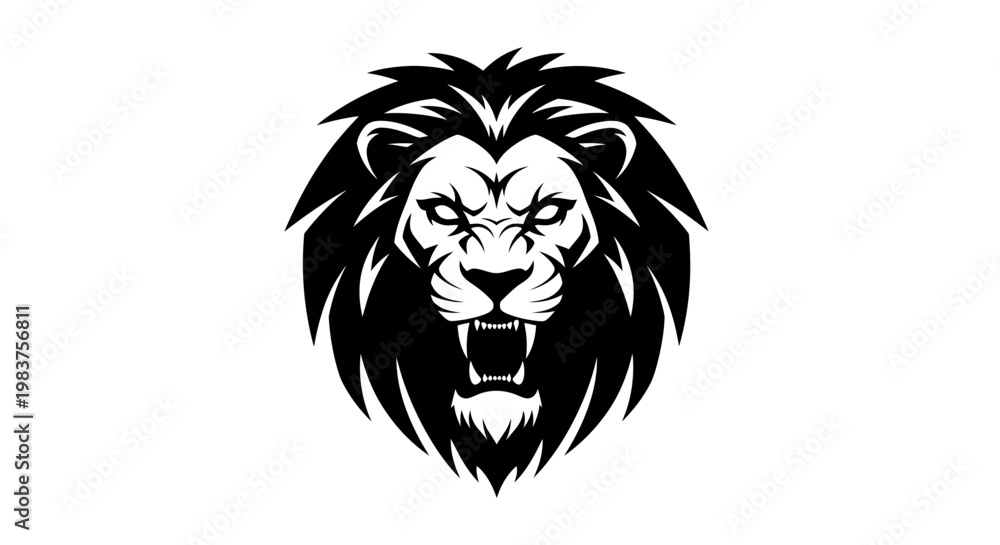 Fototapeta premium Fierce Black Lion Head Silhouette Roaring with Sharp Teeth and Mane