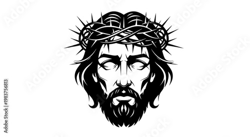 Jesus Christ Face with Crown of Thorns Illustration, Spiritual Icon, Religious Symbol