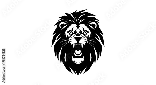 Fierce Black Lion Head Roaring with Sharp Teeth and Mane Emblem