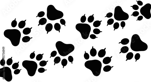 Collection of Black Paw Prints and Animal Tracks on White Background