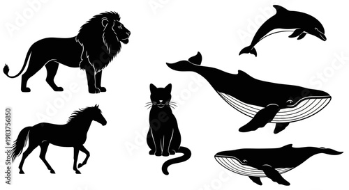 Collection of Black Animal Silhouettes: Lion, Dolphin, Whales, Horse, and Cat