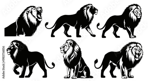 Collection of Black Lion Silhouettes Showing Roaring, Walking, and Sitting Poses