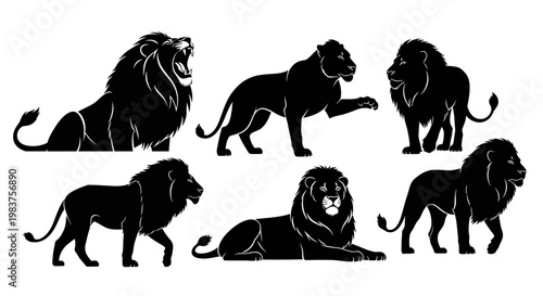 Collection of Black Silhouette Lions Roaring, Walking, and Resting Poses