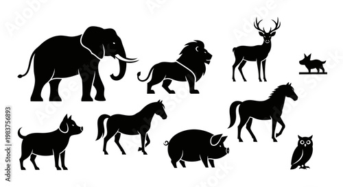 Collection of Black Silhouette Farm, Wild, and Domestic Animals: Elephant, Lion, Deer, Pig, Horse, Dog, Owl, and Rabbit