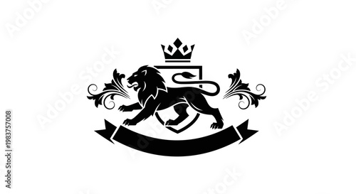 Majestic Black Lion Crest Emblem with Crown and Banner Symbolizing Power and Royalty