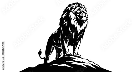 Majestic Black and White Lion Standing Proudly on a Rocky Outcrop