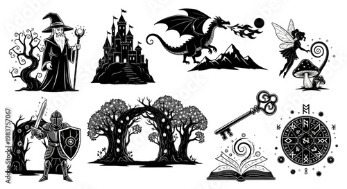 Fantasy Elements Collection: Wizard, Dragon, Knight, Fairy, Castle, Key, Book, Runes