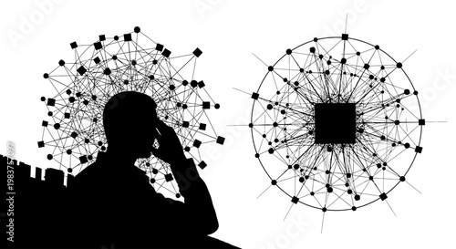 Silhouette of a person with a network of connections emanating from their head, symbolizing ideas and technology.