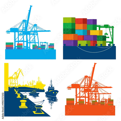 Set of Industrial Port Cranes and Shipping Containers Silhouettes