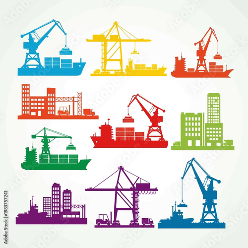 Colorful Industrial Port Cranes and Ships Silhouettes, Shipping and Logistics Icons