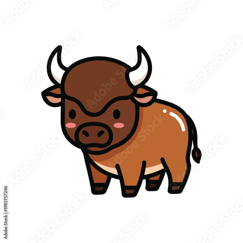 Cartoon illustration of a cute brown bull with white horns