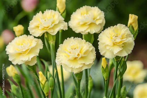 Beautiful pale yellow carnations bloom brightly amid a vibrant green leaf setting