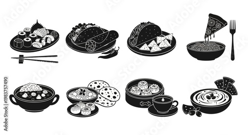 Diverse Food Icons: Sushi, Tacos, Pizza, Curry, Dim Sum, Hummus & More