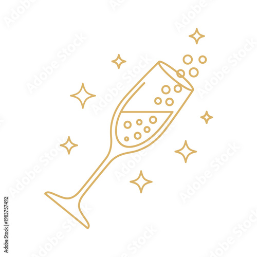 Minimalist golden champagne glass with festive bubbles and decorative sparkling stars.