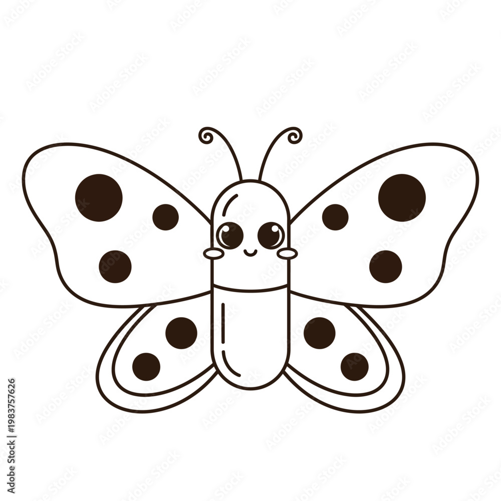 Fototapeta premium Adorable cartoon butterfly pill character with spotted wings and happy face