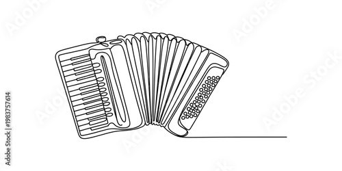 A single continuous line drawing of a musical accordion instrument on a plain white background. Vector, illustration