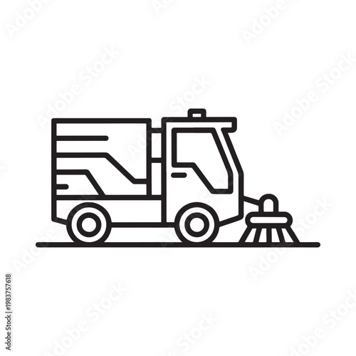 Line art depiction of a street sweeper vehicle with rotating brushes