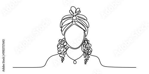Minimalist continuous line drawing of a woman wearing an elegant turban and curly hair style. Vector, illustration