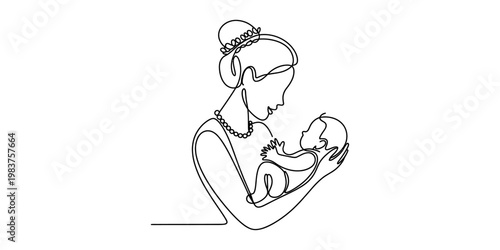 Continuous line drawing of a mother holding her newborn baby with love and gentle affection shown Vector, illustration