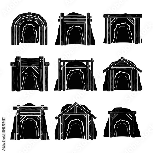 Set of Black and White Mine Entrance Icons: Mining, Industry, and Underground Exploration