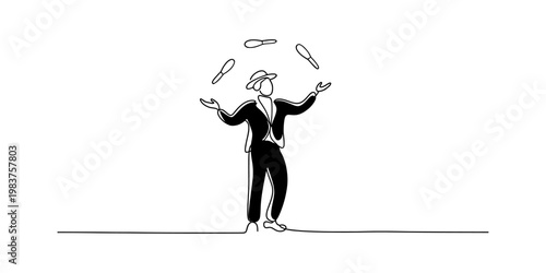 Minimalist continuous line drawing of a person wearing a hat and juggling three clubs in the air. Vector, illustration