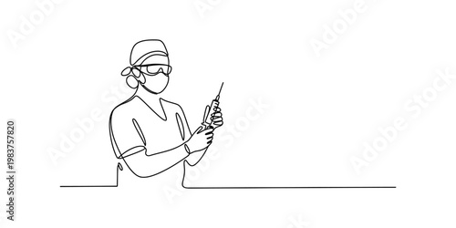 A single continuous line drawing of a medical healthcare worker holding a syringe for vaccination Vector, illustration