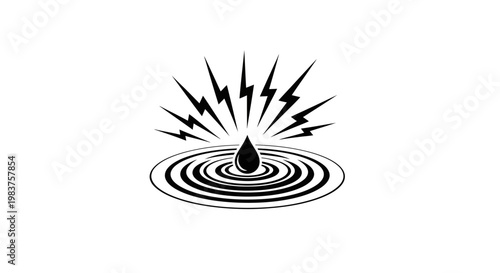 Black and white illustration of a raindrop creating ripples with lightning.