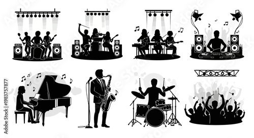 Diverse Music Performance Silhouettes: Bands, Soloists, DJ, and Audience