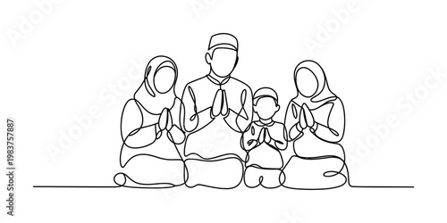 Continuous line drawing of a happy muslim family praying together in a traditional modest attire Vector, illustration