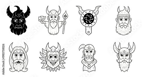 Viking Warrior Icons: Set of Norse Mythology Characters and Symbols