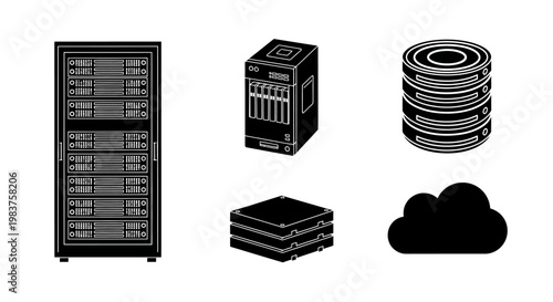 Server Rack, Cloud, Storage, Network Hardware Icons Set