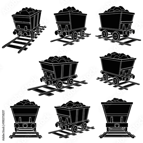 Collection of Vintage Coal Mine Carts on Tracks, Industrial Mining Equipment