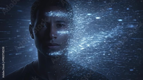 Young man facing digital transformation with particles on blue background  