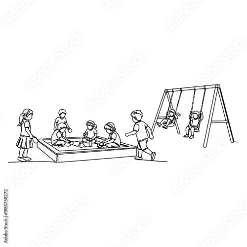 children playing in a sandbox and on swings at a playground