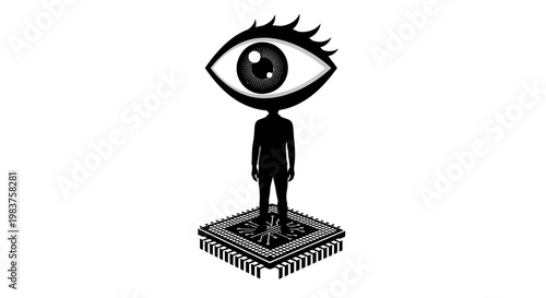a black and white illustration of a humanoid figure with an eye on a microchip.