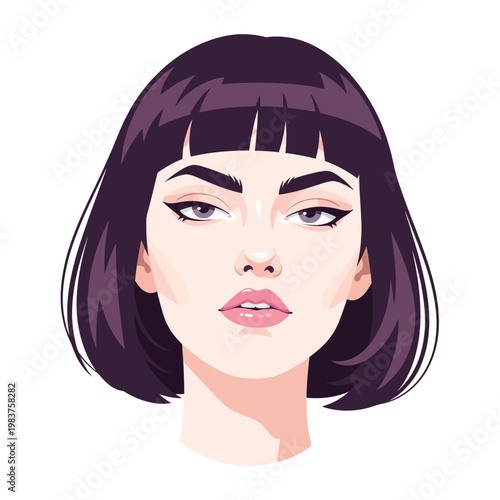 Elegant woman with dark bob haircut and striking makeup illustration