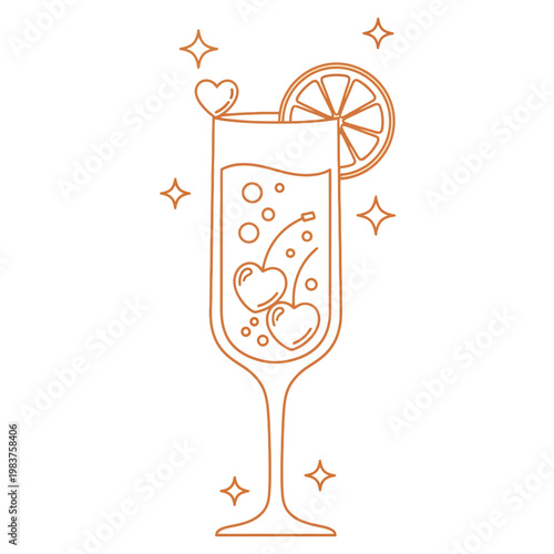 Elegant champagne flute with decorative hearts, an orange slice, and sparkles.