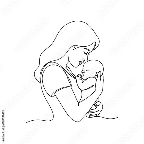 a mother holds her newborn baby tenderly in her arms a single line drawing