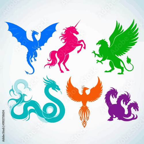 Mythical Creatures Silhouettes: Dragon, Unicorn, Griffin, Phoenix, Hydra, Sea Serpent