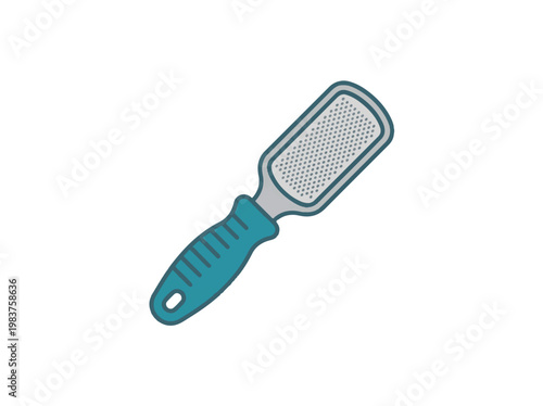 A cartoon illustration of a foot file with a blue-green handle and a silver abrasive surface, used for removing calluses and dead skin from feet.