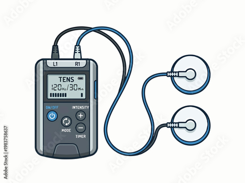 A vector illustration of a TENS (Transcutaneous Electrical Nerve Stimulation) unit, showing the portable device with a screen, control buttons, and two electrodes connected by wires.