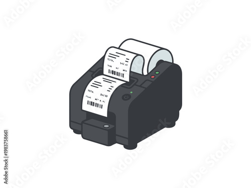 An isometric illustration of a modern black thermal receipt printer dispensing a paper receipt showing TOTAL $42.50 and a barcode, set against a plain white background.