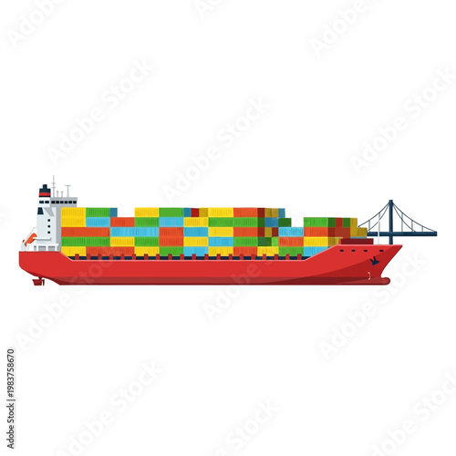 Red cargo ship loaded with colorful containers in a port with a crane