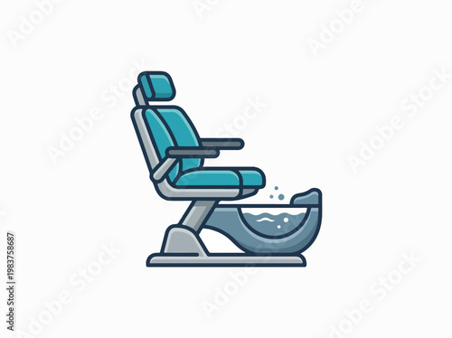 A teal and gray pedicure chair with a built-in foot bath filled with water and bubbles.