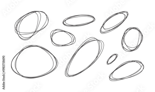 Abstract overlapping black handdrawn ovals and loops white