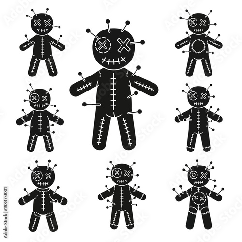 Voodoo Doll Collection: Black Silhouette Icons with Pins, Mystical and Occult Symbolism