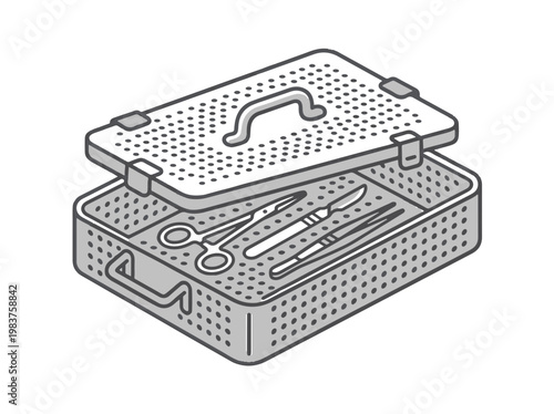 A sterile medical instrument tray with surgical tools, including scissors and scalpels, rests open, showcasing its contents for sterilization or use.